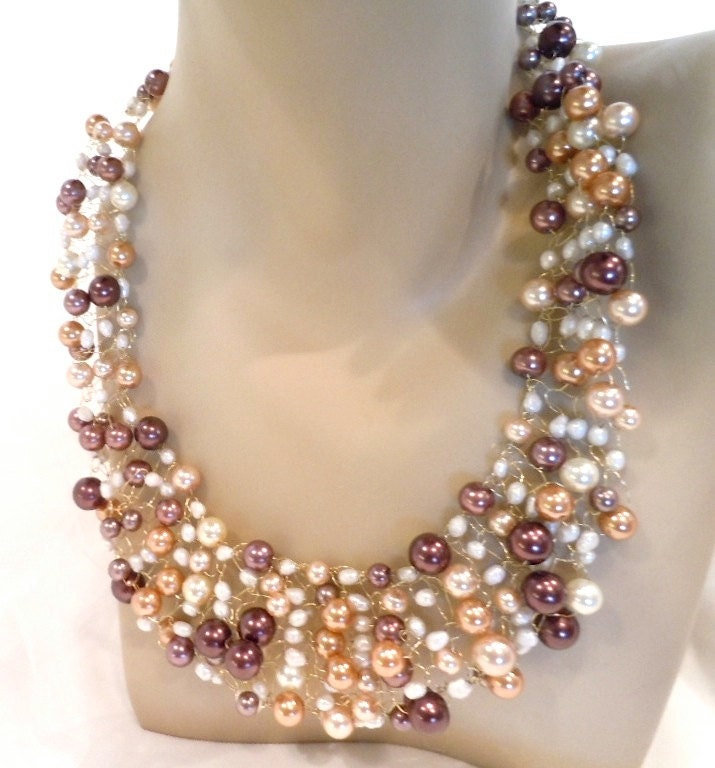 Knitted Pearl Necklace in Wonderful Golden, Cream and Brown Glass Pearls and Whte Freshwater Pearls