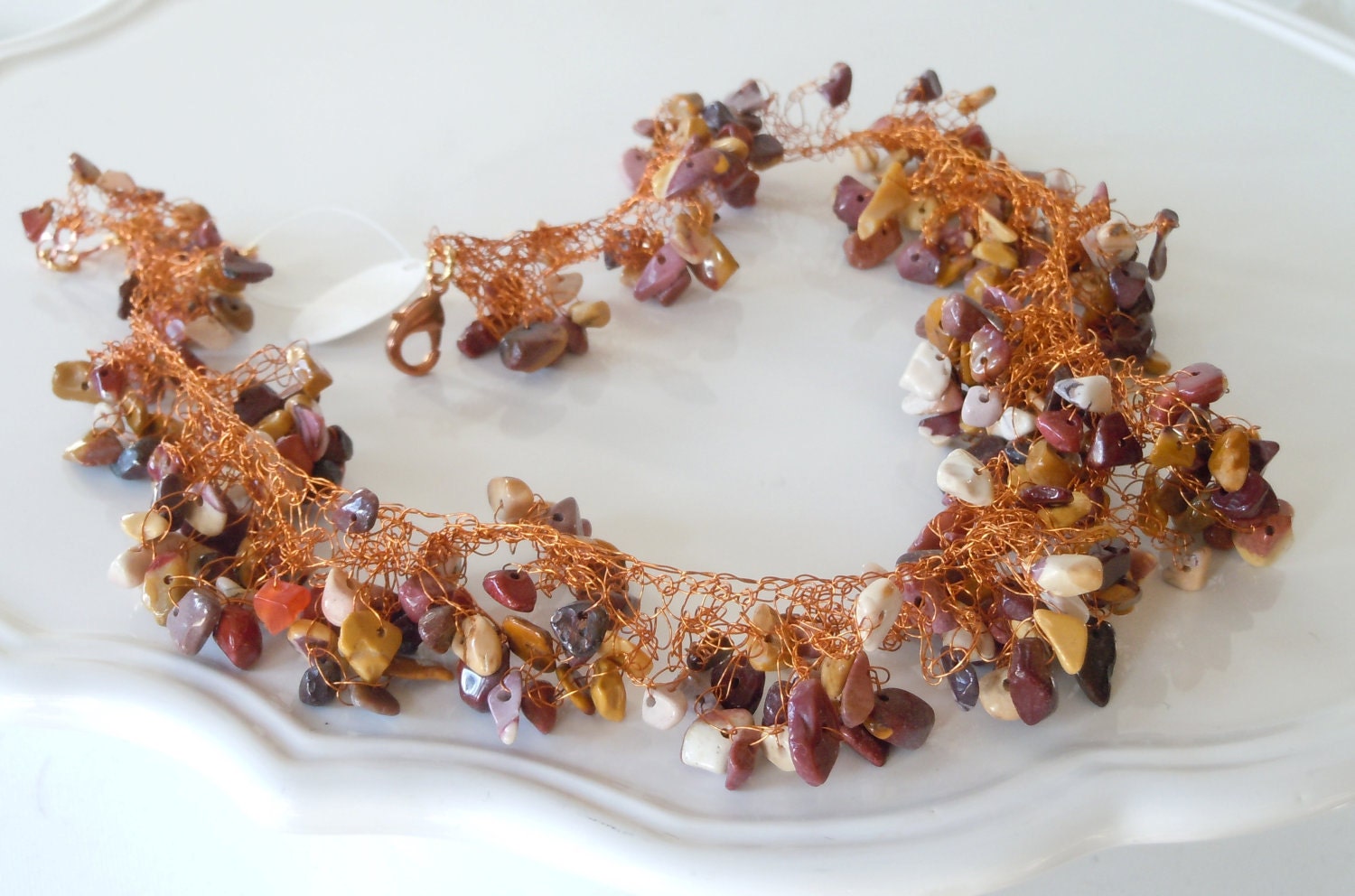 Crocheted Necklace of Super Fine Copper Wire and Mookaite in a Ruffled Design