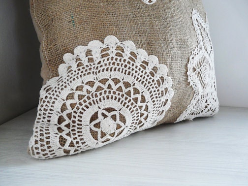 Burlap and Lace - Shabby Chic Pillow