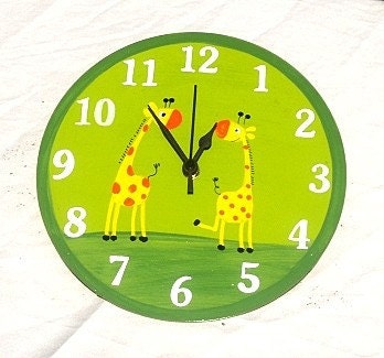 Green Wall Clock With Giraffes Painting