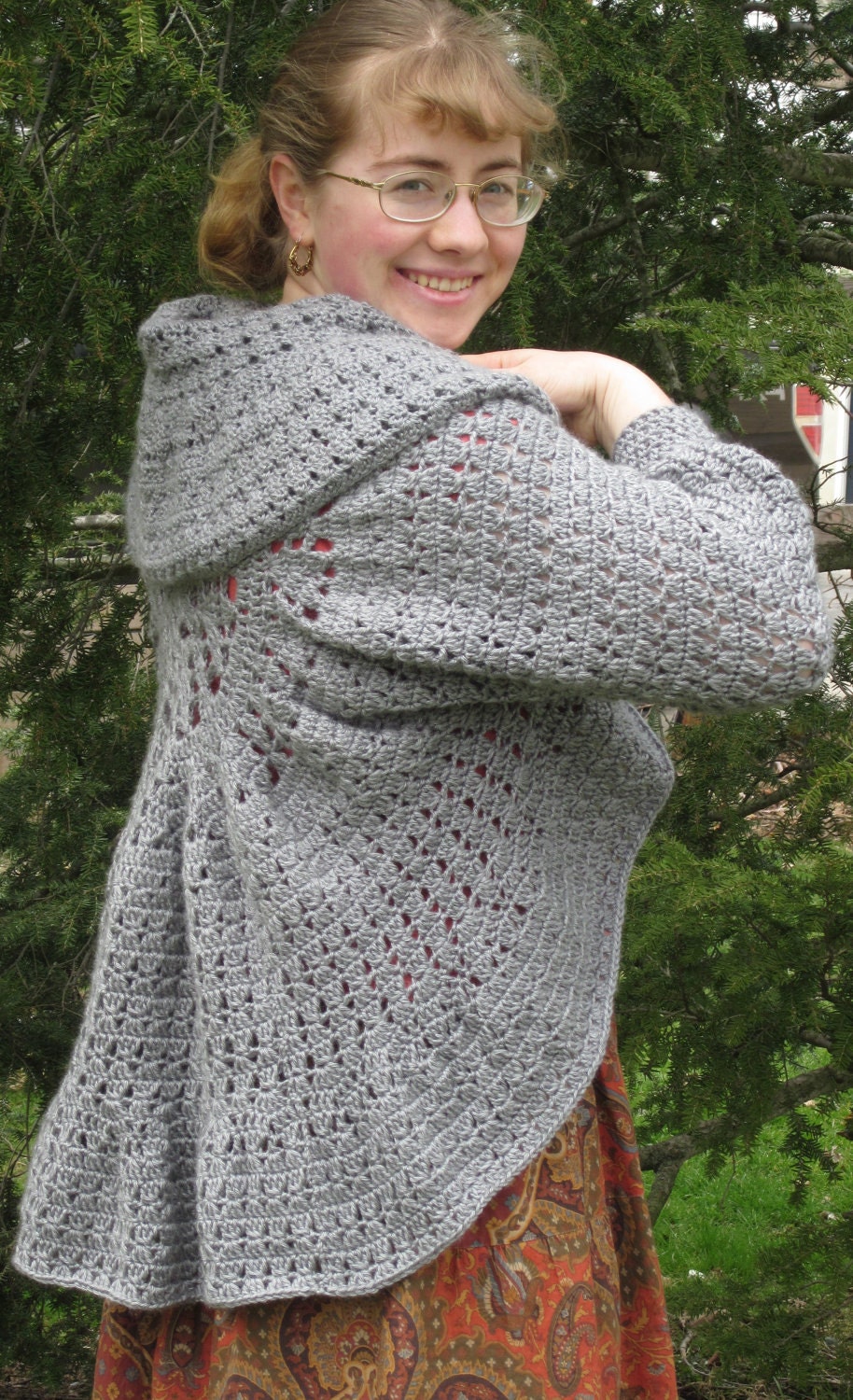 HALF PRICE for 1 Week Crochet Gray Ruffled Circle Sweater or Shrug, Three Quarter Dolman Sleeves, Size M-L
