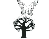 Black And White Illustration Print Drawing Folk Art Angel Protecting Tree Ink Art Graphic Art Contemporary Art