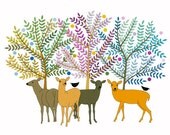 10" x 8" Art Illustration Print Stylised Art Deer Pastel Coloured Trees Birds Animal Art Nature Multicolored Brown