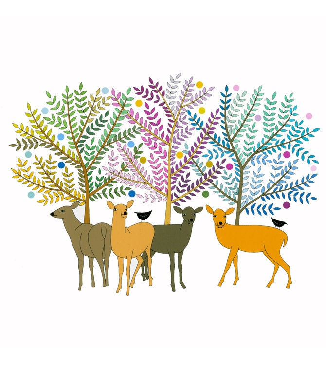 10" x 8" Art Illustration Print Stylised Art Deer Pastel Coloured Trees Birds Animal Art Nature Multicolored Brown