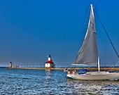 Sailboat by Saint Joseph North Pier Lighthouse - Michigan 8x12 Fine Art Giclee Print