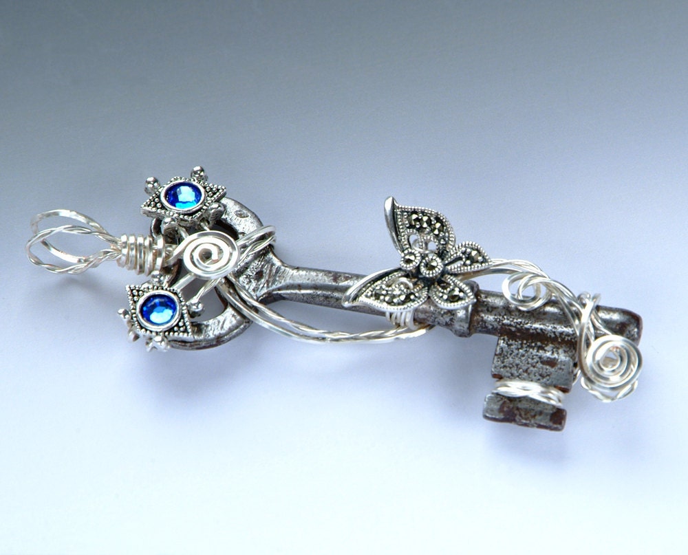 Antique Skeleton Key Necklace, wire wrapped skeleton key necklace, butterfly