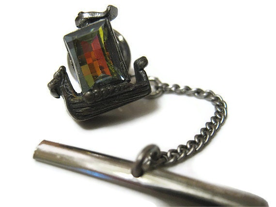Vintage Swank Tie Tack AB Rhinestone Viking Boat