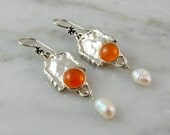 Melted Edge Sterling Silver Earrings with Orange Chalcedony and Dangling Freshwater Pearls.