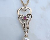 Art Nouveaux 14k Gold Ruby and Pearl Pendant OOAK
