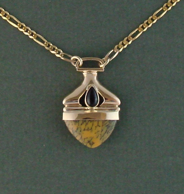 Simple Sleek OOAK 14k Chain and Pendant with Yellow Jasper and a Pearl Shaped Onyx