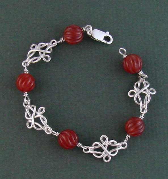 Be My Valentine Sterling Silver and Rustic Red Carved Carnelian Beaded Bracelet