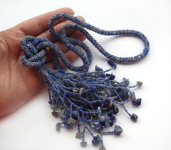 SUMMER SALE Blue denim beads crochet rope necklace lariat  belt with sodalite beads- beaded jewelry- blue jewelry- beadwork