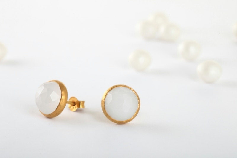 White Jade Earrings, gold studs, stone earrings, Rose cut Jade, White Jade studs, post earrings, Christmas gift.