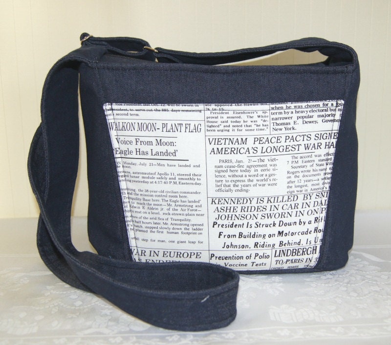 Custom Bag Newspaper Bag , Shoulder bag Diaper Bag from denim and cotton with white newspaper