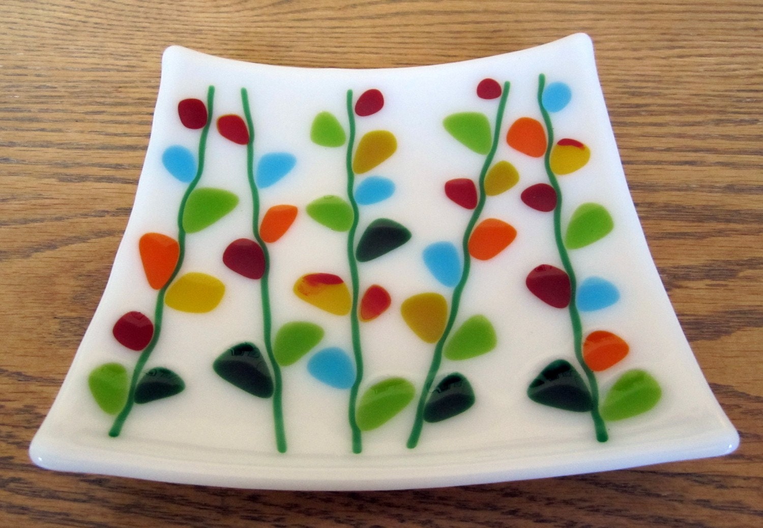 Blooming Branches on White Fused Glass Plate