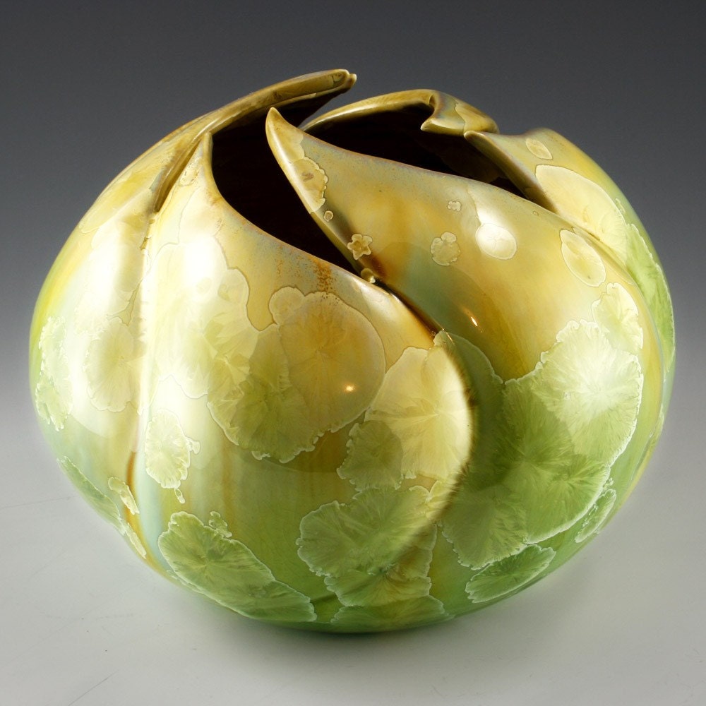Hand Carved Crystalline Glazed Gold and Green Vase