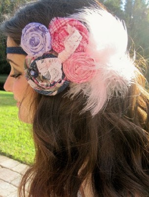 Rosette Headband Pink & Navy shabby chic hand rolled rosette headband
