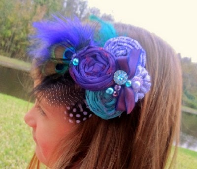 Rosette Hairclip Purple & Turquoise Peacock hand rolled rosette floral hairclip/headband