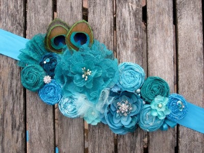 Rosette Wedding or Maternity Sash Vintage-inspired w/ Handrolled Fabric Rosettes & Peacock Feathers