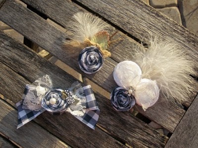 2 Piece Bridal Set Custom Triple Rosette Feather Hairclip & Rosette Boutonniere (Doggie Bow Clip additional)