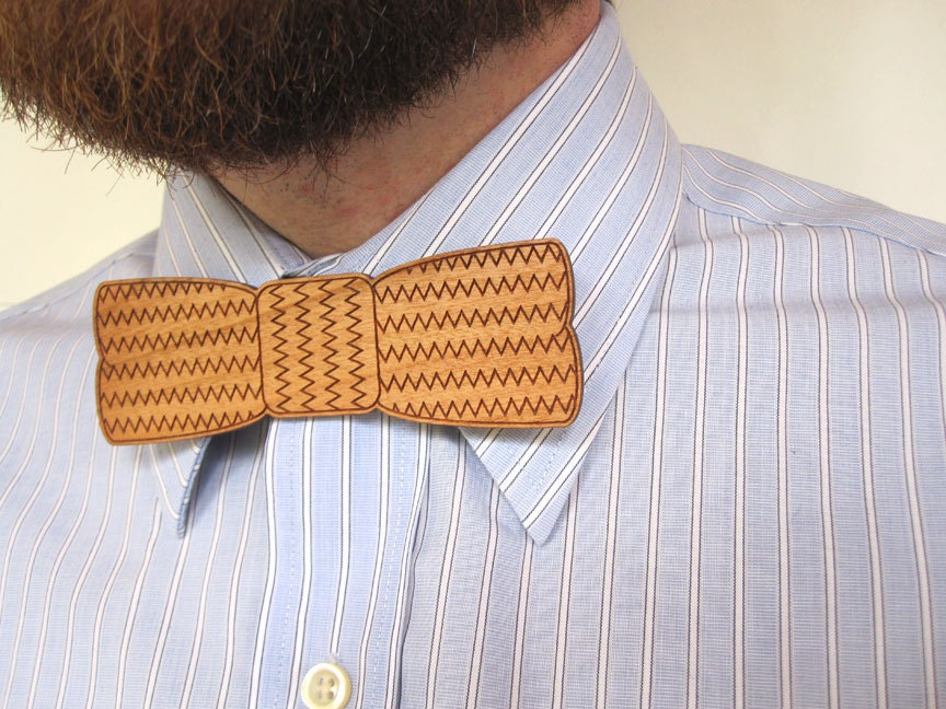 Wooden Bow Tie - Chevron Zig Zag Laser Cut Wood Bow Tie - For Him For Her