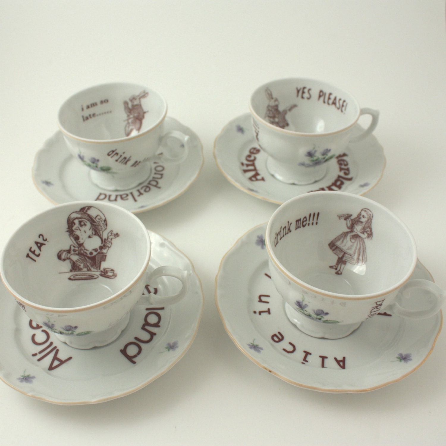 Vintage Alice in Wonderland on Romantic Porcelain Cup - Saucer-  Dessert Plate Drink me White Brown