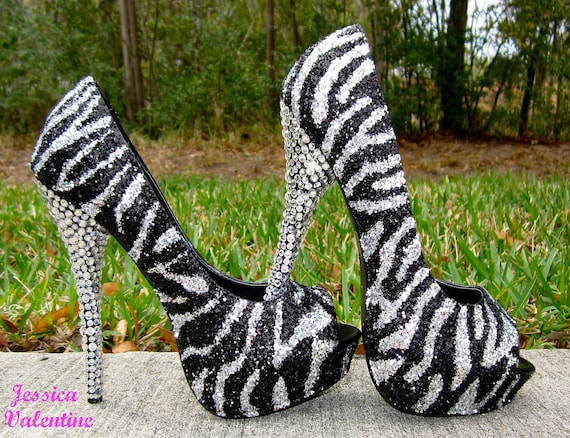 Zebra Silver & Black Glitter Heels