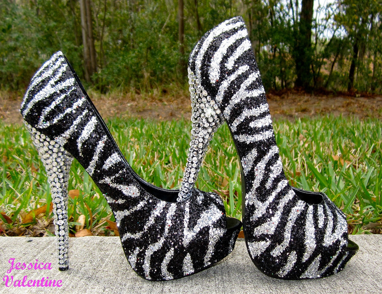 Zebra Silver & Black Glitter Heels