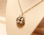Birds Nest Necklace - Custom Silver, Bronze or Gold Toned Wire Wrapped Birds Nest with Your Choice of Glass Pearls - Personalized Necklace