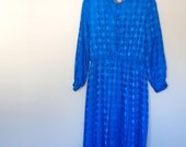 Sale - M / L / XL Vintage 1980s Blue Pleated Checkered Work Day Dress