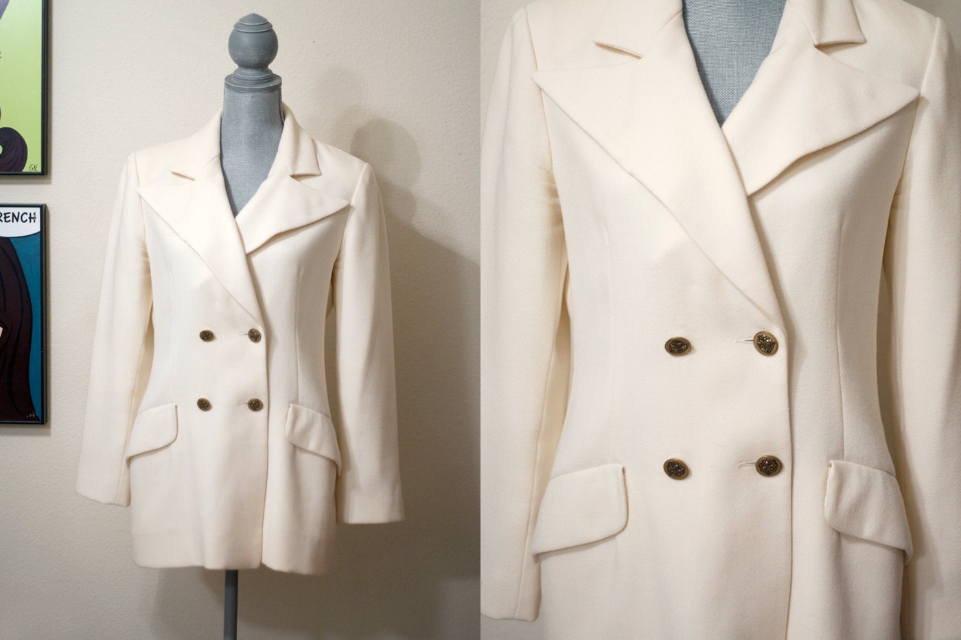 MEDIUM Vintage 1970s Malcolm Starr Off White Cream Double Breasted Blazer
