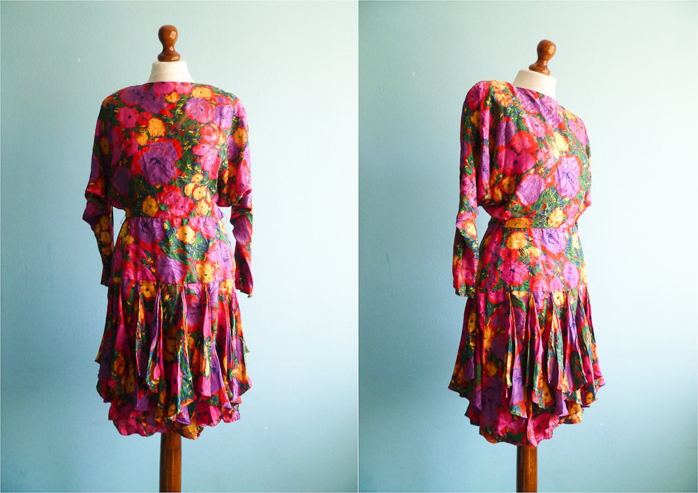 Vintage ST. Gillian silk floral dress / ruffle dress / pink red violet green yellow / spring summer / midi length / medium small