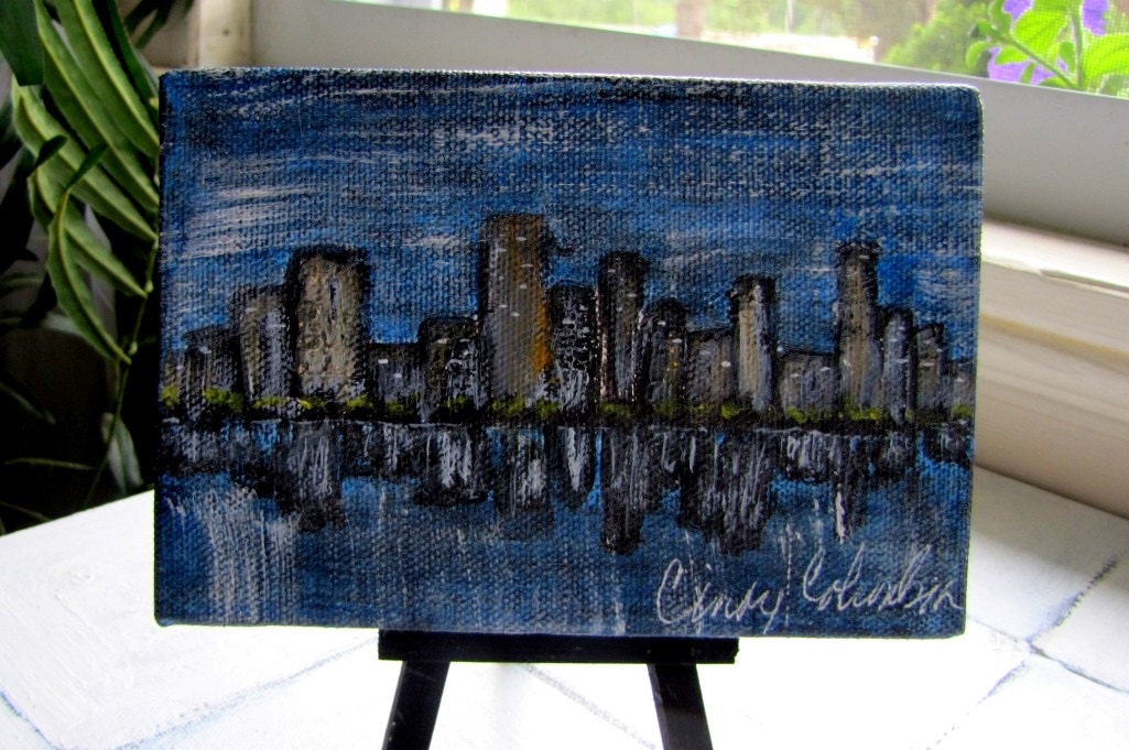 Take 20% OFF Details in Listing City Scape Small Original Painting with Display Easel Night Time Cityscape Expressionist Art