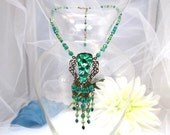 Beaded Necklace Green Fringed Dichroic Glass Pendant