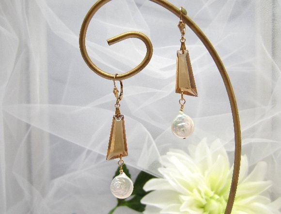 Deco Amber Glass Dangle Earrings with Coin Pearls