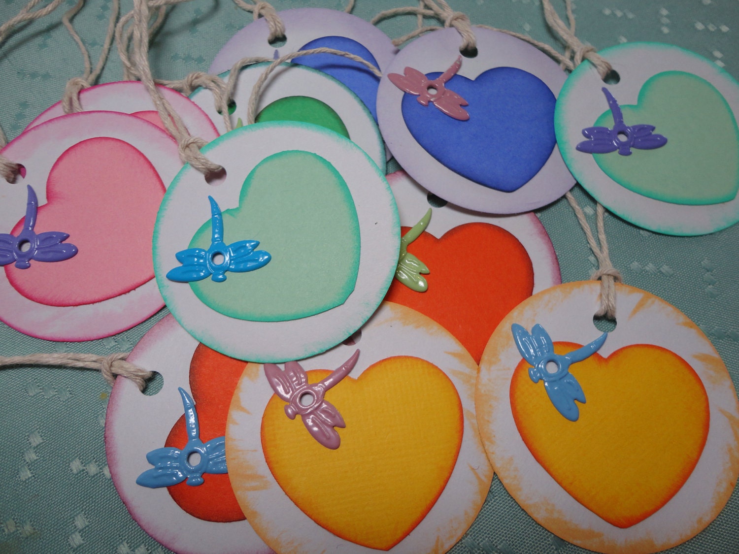 Heart & Dragonfly Circle Gift Tags, Embellishment, Attach to Wine Bottle, Scrapbooking, Gift Giving