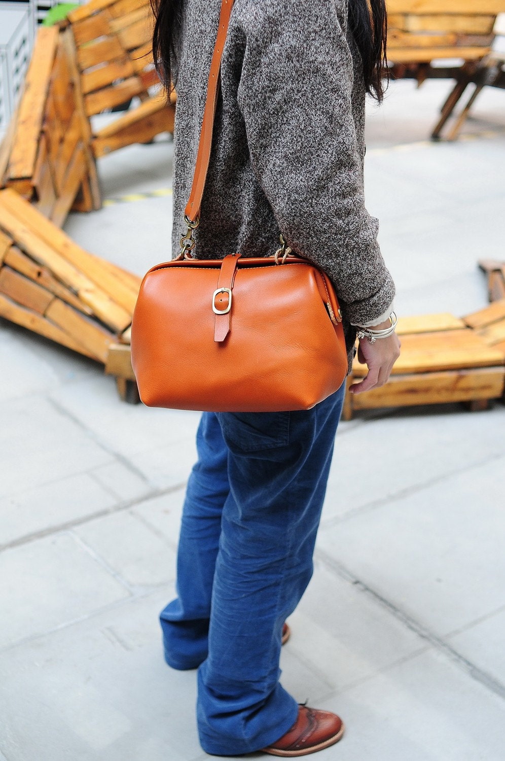 Hand Stitched Light Brown Leather Doctor Bag/ Carry on Bag