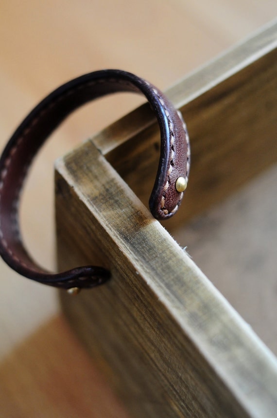 Hand Stitched Dark Brown Leather Bangle/ Bracelet