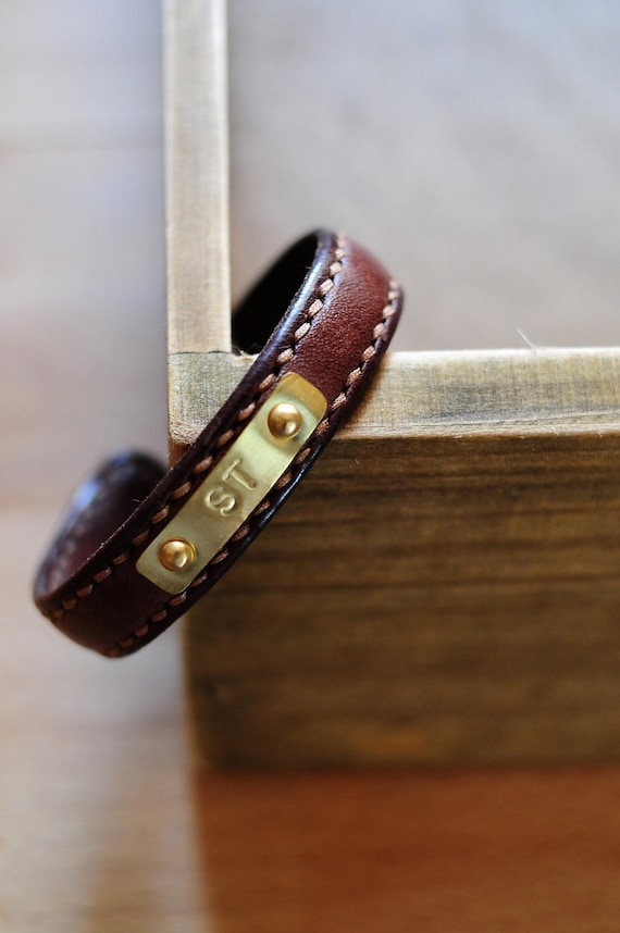 Hand Stitched Dark Brown Leather Bangle/ Bracelet