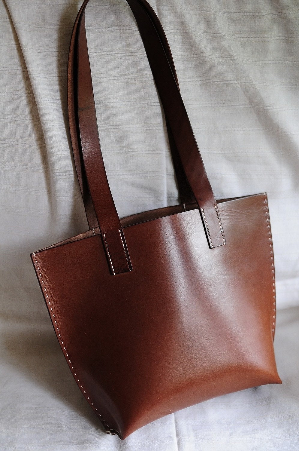 Hand Stitched Brown Leather Tote Bag