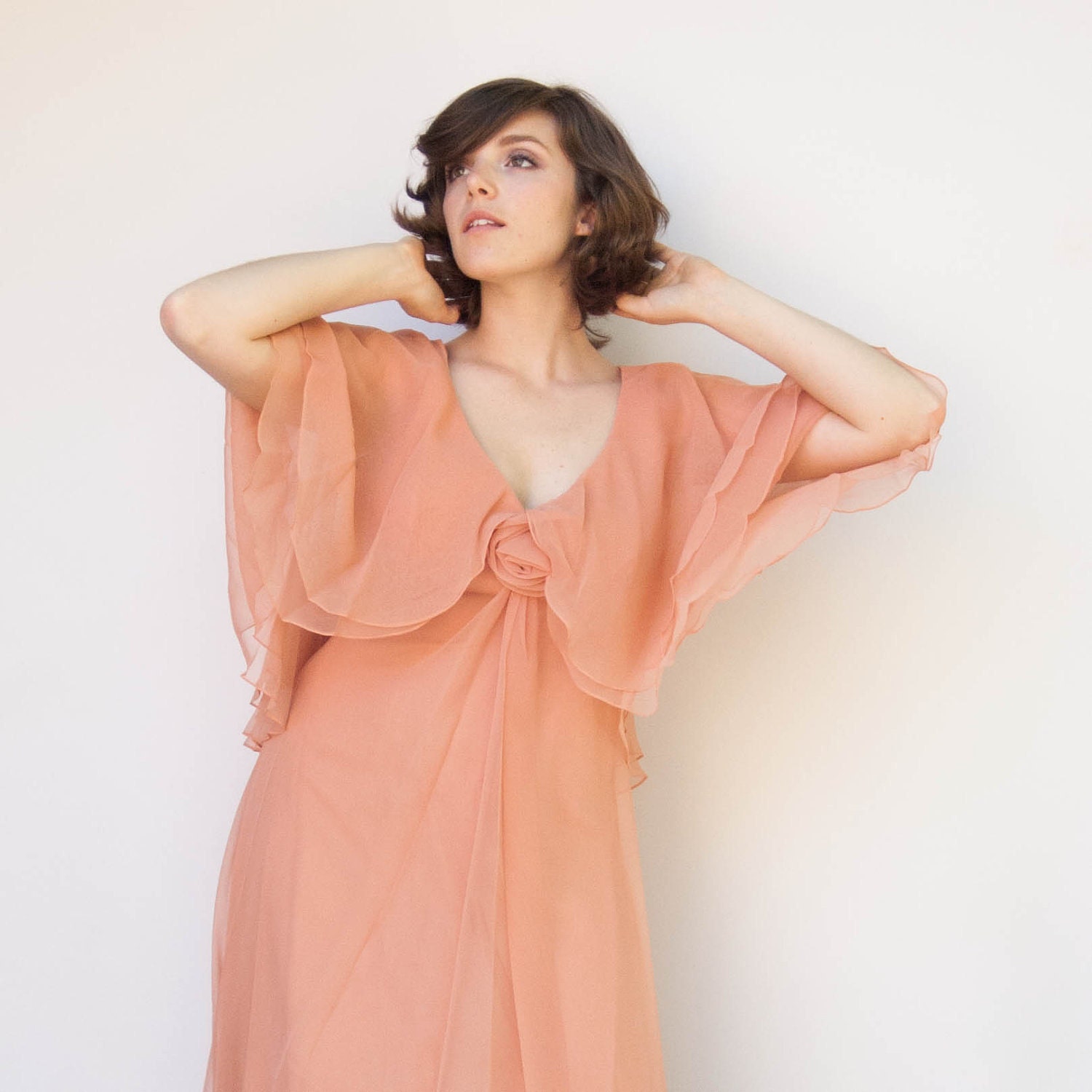 Vintage 1960s Dress - Float On - Emma Domb Deadstock Designer Plus Size Peach Chiffon Floor Length Evening Gown