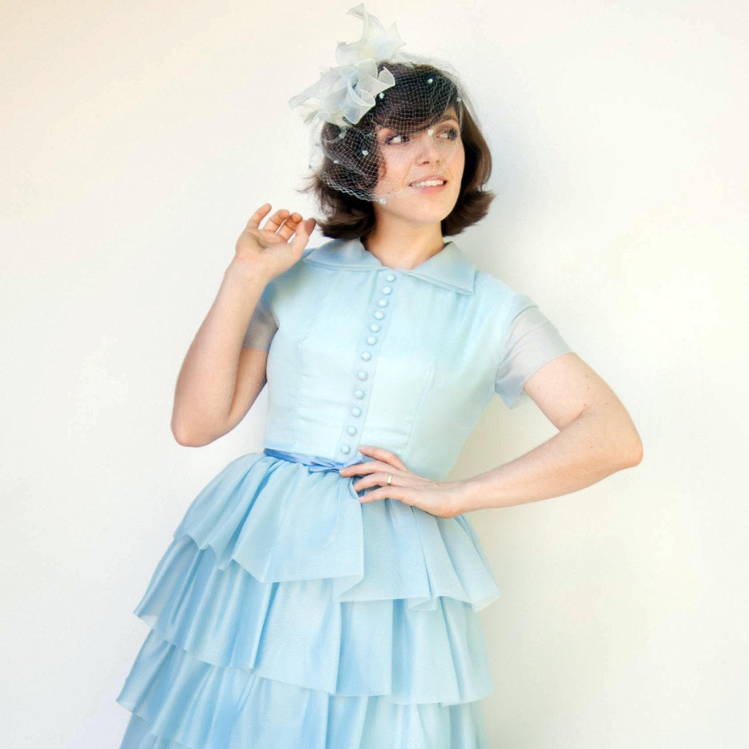 Vintage 1960s Dress - Cupcake - Baby Blue Tiered Ruffle Organza Party Dress
