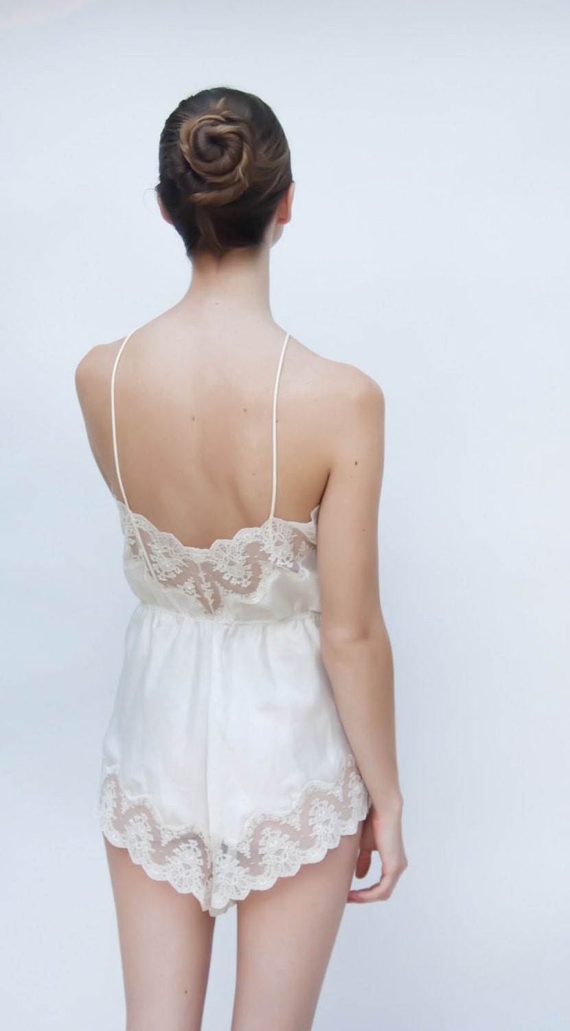 Vintage 1970s Lingerie - Angel - White Vintage Bridal Lace Edged Teddy Romper