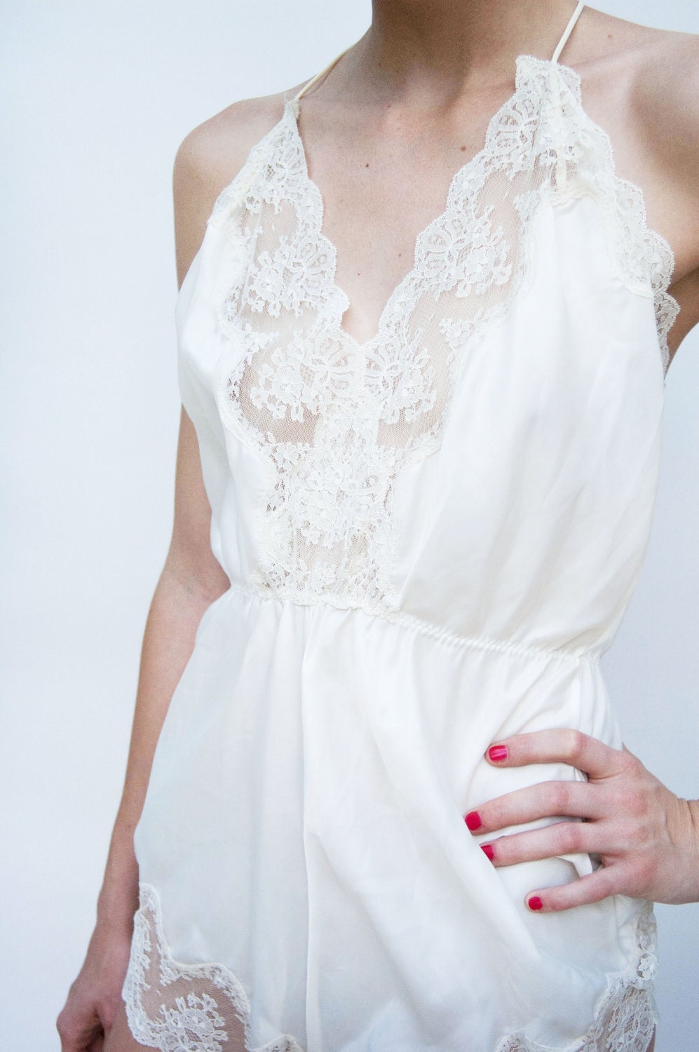 Vintage 1970s Lingerie - Angel - White Vintage Bridal Lace Edged Teddy Romper