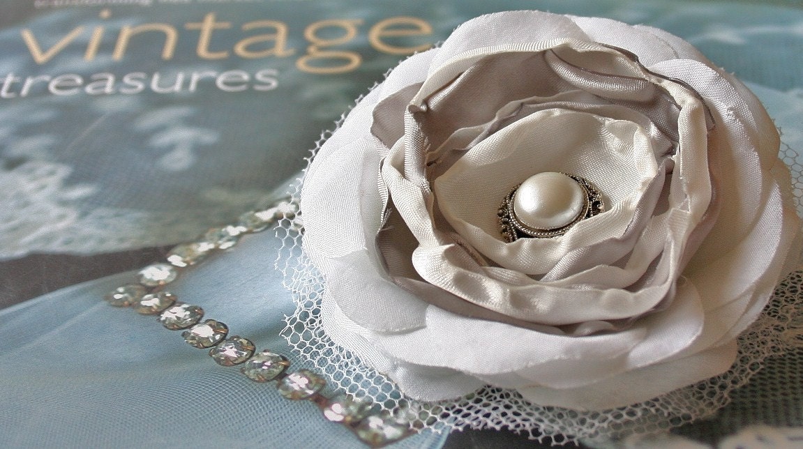 White and silver silky satin bridal hair clip, bridal hair flower, bridal hairpiece, flower fascinator