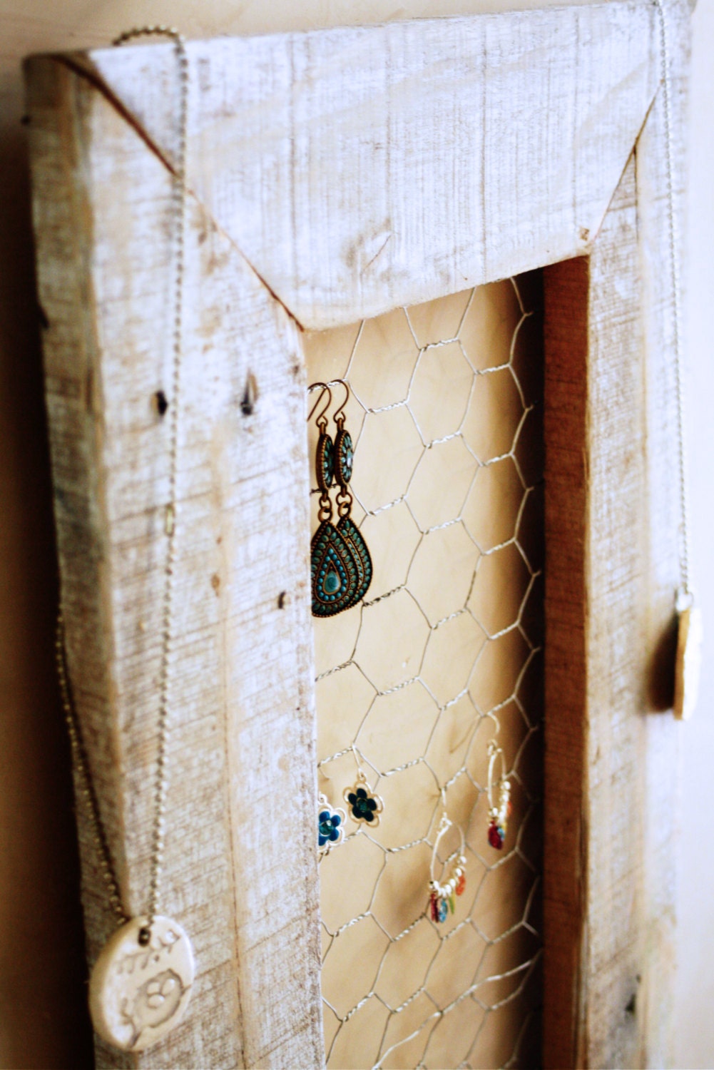 Jewelry Organizer Display made from distressed upcycled wood and chicken wire