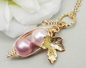 Two Peas In A Pod Pendant Necklace -  ALL GOLD Filled Two Shades Of Pink For Sisters Best Friends Daughters Bridesmaids Or Mom.