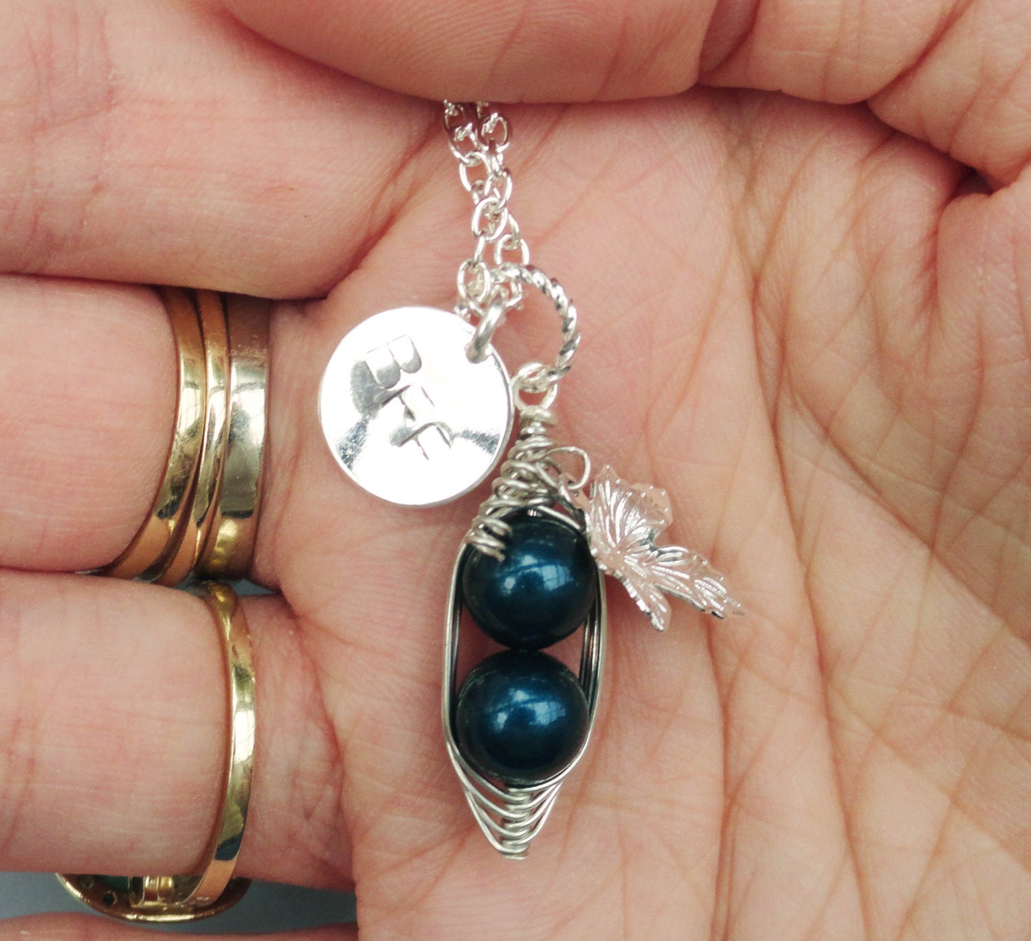 Best Friends Are Like Two Peas In A Pod Silver necklaces With Vine And Leaf. Handstamped Pendant Disc - Set Of Two Best Friend.