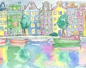 Amsterdam Canal scene watercolor illustration print