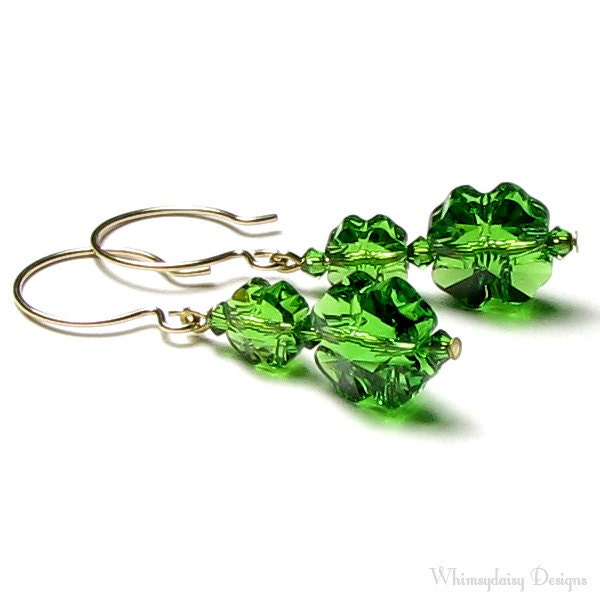 Lucky Irish Green Shamrocks 14K Gold Filled French Hoop Swarovski Crystal Four Leaf Clover Earrings - whimsydaisydesigns